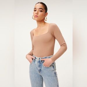 NWT XL 4 Good American Essential Square Neck Top in Putty blouse shirt Taupe